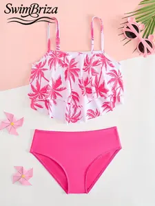 Briza｜Ruffle Flounce Tankini Suit And Tankini Swimsuits Set In Pink Tropical Palm Print With Solid High Waisted Bathing Suit Bottom, Made As A Two-Piece Swimsuit With Swimsuits 2 Piece Style And Bathing Suits 2 Piece Set Fit For Pool Days