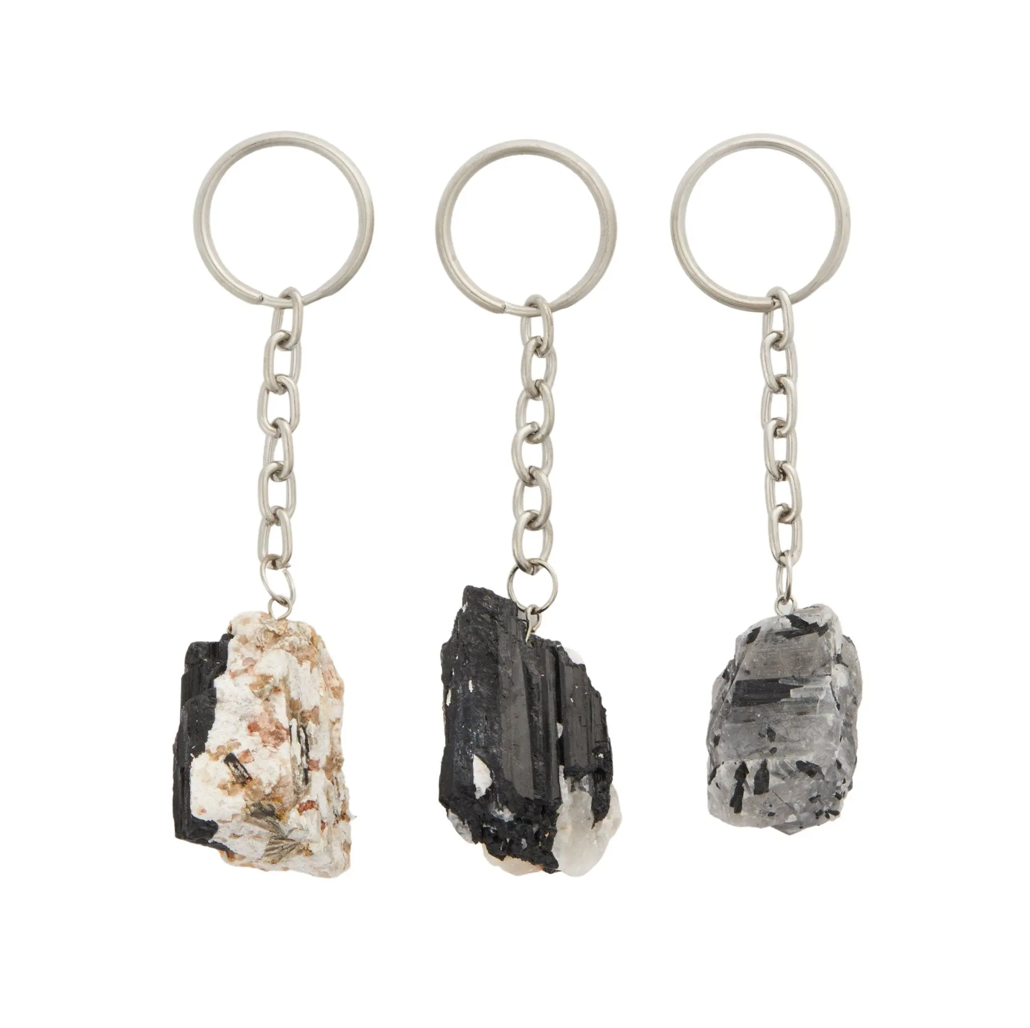 New Moon Beginnings Raw Tourmalinated Quartz Keychain with Three Pieces, Featuring Unique Black and White Crystals