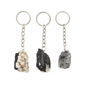New Moon Beginnings Raw Tourmalinated Quartz Keychain with Three Pieces, Featuring Unique Black and White Crystals