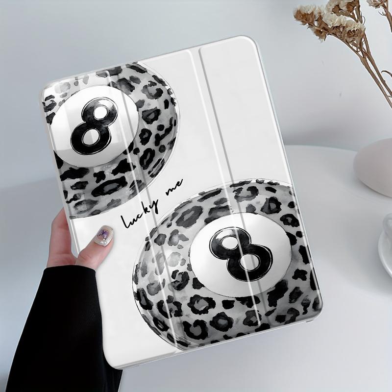 Trendy Leopard 8 Ball  iPad Case, Tri-Fold Stand Case for iPad, "Lucky Me" Aesthetic Transparent Acrylic Hard Back, Pencil and Charger Slots, Tablet Casing, Tablet Cover for iPad 10.2inch, Mini, Pro, Air, Ideal for Work and School