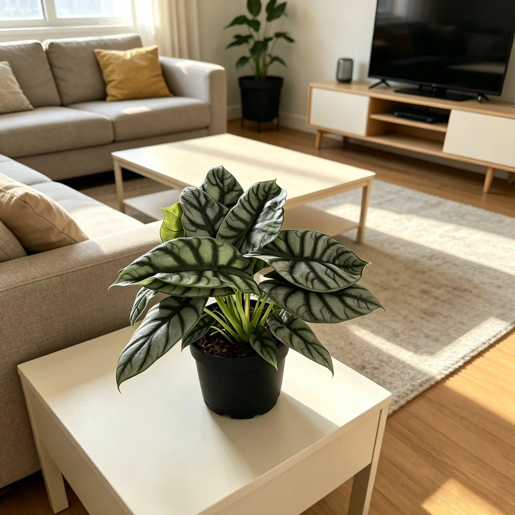 RZ-37  Alocasia Silver Dragon Live Plant in 6 Inch Nursery Pot, Tropical Indoor Houseplant with Silver Green Patterned Leaves, Decorative Foliage Plant for Home Office Decor