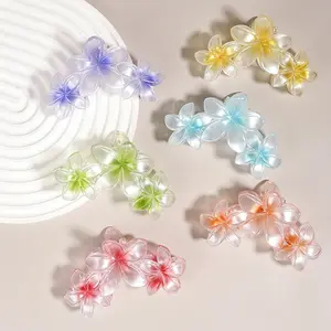 Pearlescent Gradient Candy Color One-piece Flower Claw Clip Sweet Large Three-flower Hair Bun Shark Clip High-Quality Plastic Resin Bauhinia Motif Fashion Office-friendly cozy  clip hair  clips