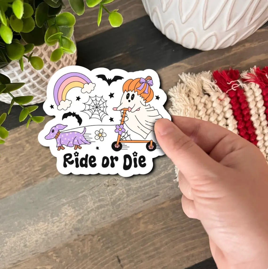 Halloween Spooky Durable Vinyl Sticker - Funny Spooky Girly Scooter Ghost 'Ride or Die' - Waterproof Sticker Pack, Fall Decor, Decorative Ornaments Decoration