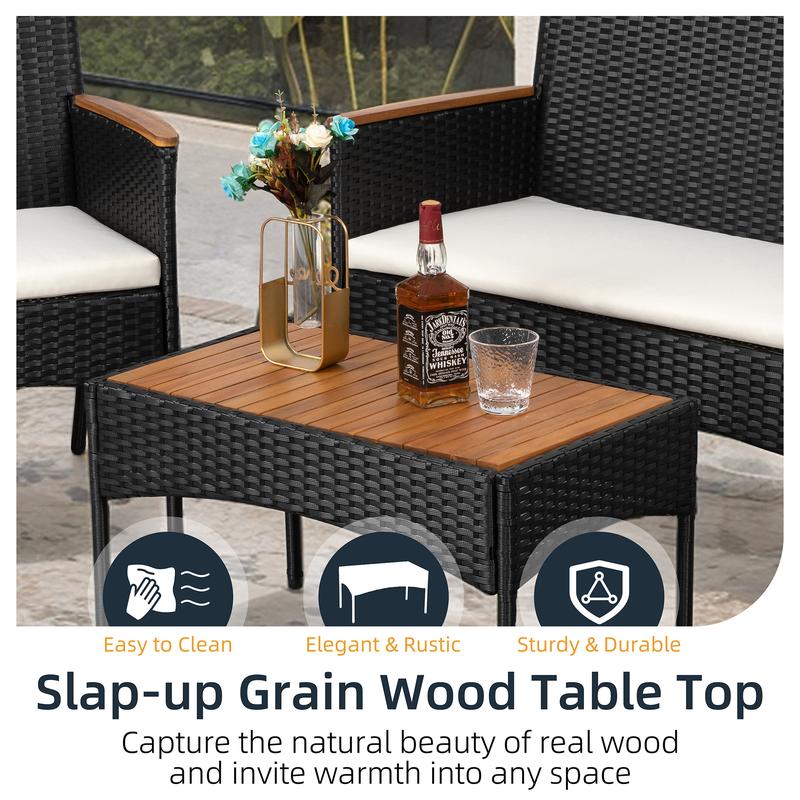 Walsunny 4-Piece Patio Furniture Set, Outdoor Wicker Patio Set with Cushions and Wooden Table for Lawn Backyard, White Rustic Dining Compact