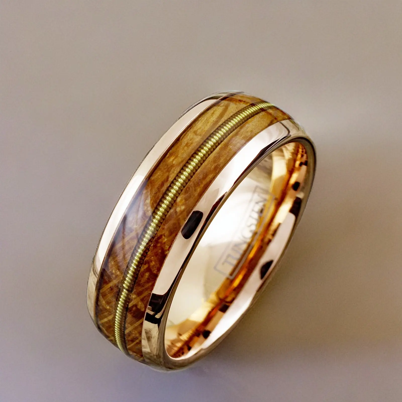 Guitar String Ring with Whiskey Wood Inlay, Musician Gift