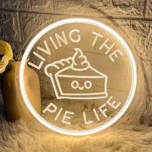 Living The Pie Life Neon Sign for Wall Decor Dimmable LED Neon Light Pie Cake Bread Light Up Signs for Coffee Bar Dessert Food Shop Restaurant Birthday Party Decoration