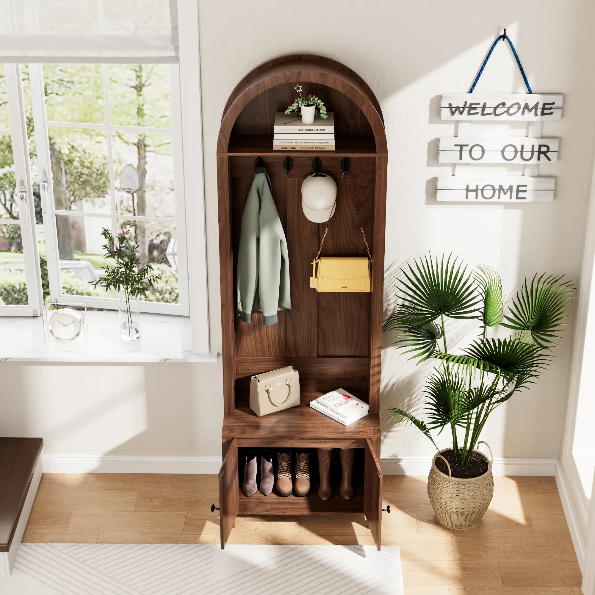Traditional Rustic Farmhouse Self-Standing Wood Coat Rack Hall Tree - 70.9"×66.9"×78.74" Arch-Top, 4/7 Hooks, MDF Shoe Storage with 2 Fluted Doors, 200 lbs Capacity, 23.7"w×13.8"d×13.18"h Compartment, Easy-Setup Aesthetic Home Decor for Hallway, Mud Room