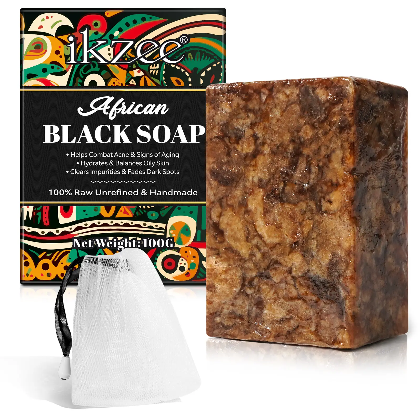 Ikzee Natural Handmade African Soap 100g, Rich Shea Butter Organic Bar, Includes Bubble Net, Suitable for All Skin Types