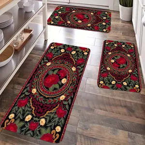 JIT 2/3pcs Kitchen Flannel Gorgeous floral pattern Decorative art Decorative carpet Kitchen carpet set, flannel bedside set floor mat anti-slip washable bedside soft carpet, suitable for kitchen, laundry room, corridor floor running mat carpet