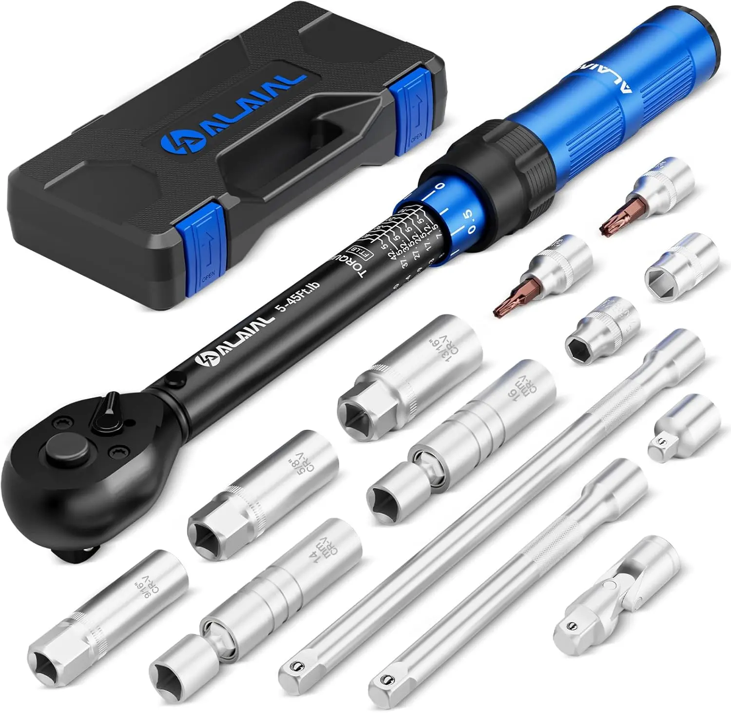 3/8 Inch Drive  Spark Plug Socket Set with Click Torque Wrench 5-45FT.LB/6.8-61Nm, 14 count Swivel Spark Plug Socket, Universal Joint, Extension Bar, CR-V Steel for Easy Spark Plug Removal