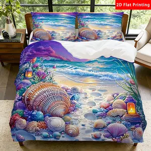 2/3 Pcs 2D Flat Seashell Beach Ocean Moonlit Duvet Cover Set Seashell Themed Bedding Set Quilt Cover 1 Duvet Cover + 1/2 Pillowcases Seashell Decorative Bedding Bedroom Decor Ocean Beach Night Scene
