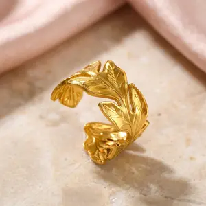 3D Maple Leaf Vein Texture Hollow Out Design Stainless Steel Open Ring Non-Fading Jewelry for Men Women Daily Commute Date Party Gift