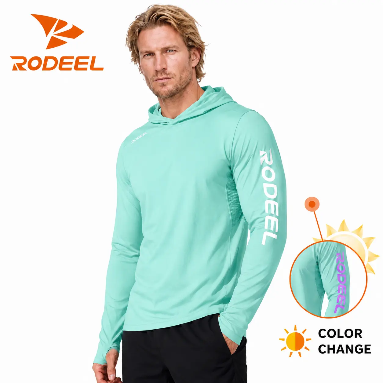 【RODEEL】962 Sun Hoodie Shirts w/ Thumbhole UV Detection Logo Men UPF 50+ Sun Protection Long Sleeve Lightweight Quick Dry Moisture Wicking Breathable Athletic Activewear for Outdoor Fishing Boating Hiking Construction SummerWins