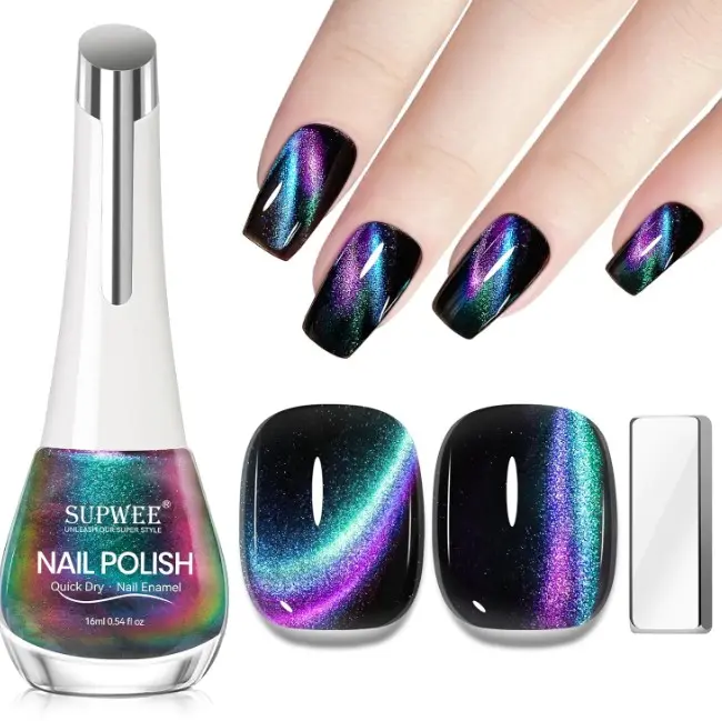 Cat Eye Nail Polish Non Gel with Magnet- Need to Use Black Base, Quick Dry Cateye Magnetic Nail Polish for Fingernail Air Drying Fast Lacquer Manicure Gift For Women Girls 16ml, 0.54fl oz