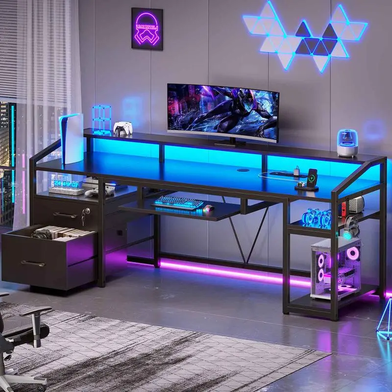 SEDETA Modern 63-Inch Computer Desk with LED Lights & Power Outlet Gaming Table Ergonomic Design Office Furniture Keyboard Display Mouse with File Drawer Lockable Small Drawer Printer Cabinet 2 Tier Storage Shelves