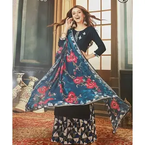 #PL3-1 Navy 3‑Piece Palazzo Suit with Geometric Palazzo & Printed Dupatta
