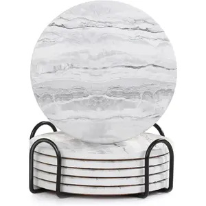 Drink Coasters with Holder for Coffee Table, Absorbent Coaster Set of 6, Marble Style Ceramic Coaster for Wooden Table, Suitable for Kinds of Cups, Home Decor, 4 Inches