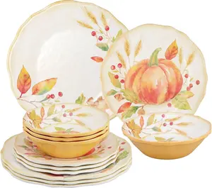 12 Piece Pumpkin Melamine Dinnerware Sets, Outdoor Dishes Set, Plates and Bowls Sets, Autumn Thanksgiving Decorations, Service for 4, Orange