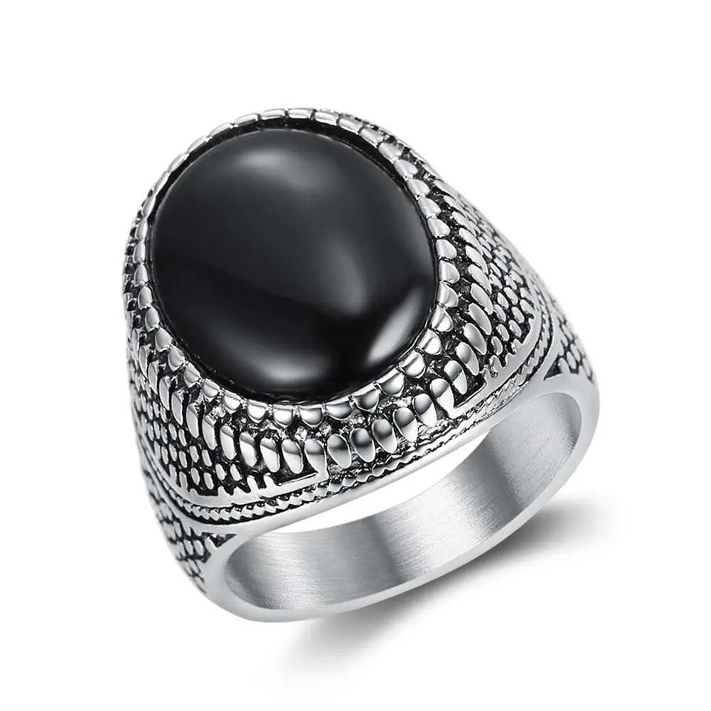 Men's Hip Hop Oval Ring with Black Cat Eye Stone, Retro Granular Texture Stainless Steel, Streetwear Jewelry, Graduation Gift, Sizes 7-15, Oval Rings, Hip Hop Rings