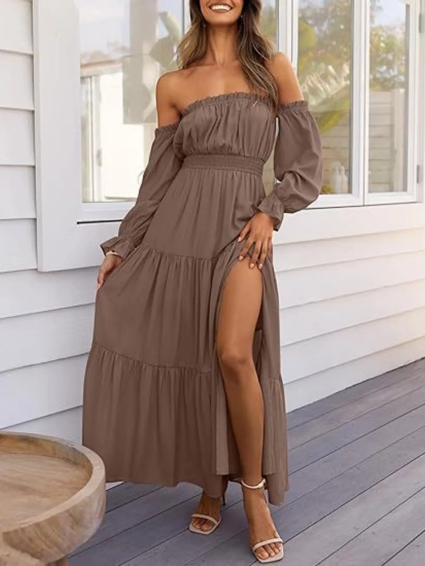 Women's Boho Style Off-Shoulder Long Sleeve Smocked High-Waist Side-Split Flowy A-Line Tiered Maxi Dress, Perfect for Casual & Party Wear - TikTok Shop Women's Boho Style Off-Shoulder Long Sleeve Smocked High-Waist Side-Split Flowy A-Line Tiered Maxi Dress, Perfect for Casual & Party Wear - TikTok Shop