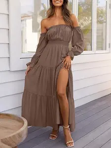 Women's Boho Style Off-Shoulder Long Sleeve Smocked High-Waist Side-Split Flowy A-Line Tiered Maxi Dress, Perfect for Casual & Party Wear