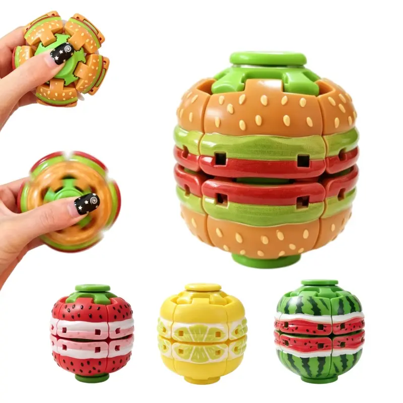 3D Printed Press & Spin Fidget Ball - 360°Rotation, Quiet Desktop Fidget Toy, Smooth Tactile Play for Focus & Relaxation, Portable Pocket-Sized Decompression Gadget with Burger and Fruit Designs-MM1
