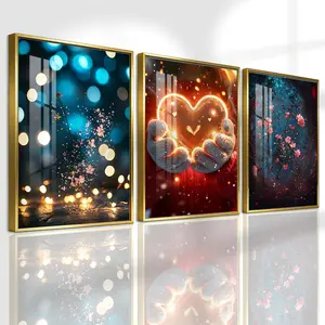 3 Counts Aluminum Alloy Framed Painting, Glowing Heart And Blooming Flowers Pictures, Home Decoration For Living Room, Bedroom, Office, Restaurant, Hallway Wall Decor, Odorless Print Artwork, Luxury Perfect Gift For Friends And Family