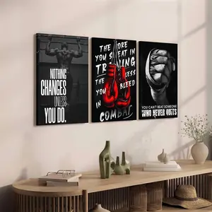 2D 3pcs Inspirational Quotes Canvas Wall Art Set- Black and White Sports Theme, Boxing Theme, Wooden Frame Modern Decor for Living Room, Bedroom, Home, Office, Cafe, Restaurant Wall Hanging Decor- Wrapped Canvas Painting- Wooden Frame