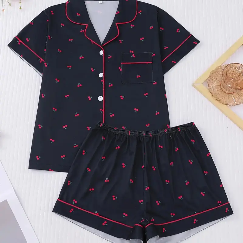 Women's Cherry Print Crop Shirt & Elastic Waist Shorts Pyjama Set, Casual Comfy Short Sleeve Top & Shorts PJ Set, Ladies Sleepwear for All Seasons, Printed Sleepwear Set