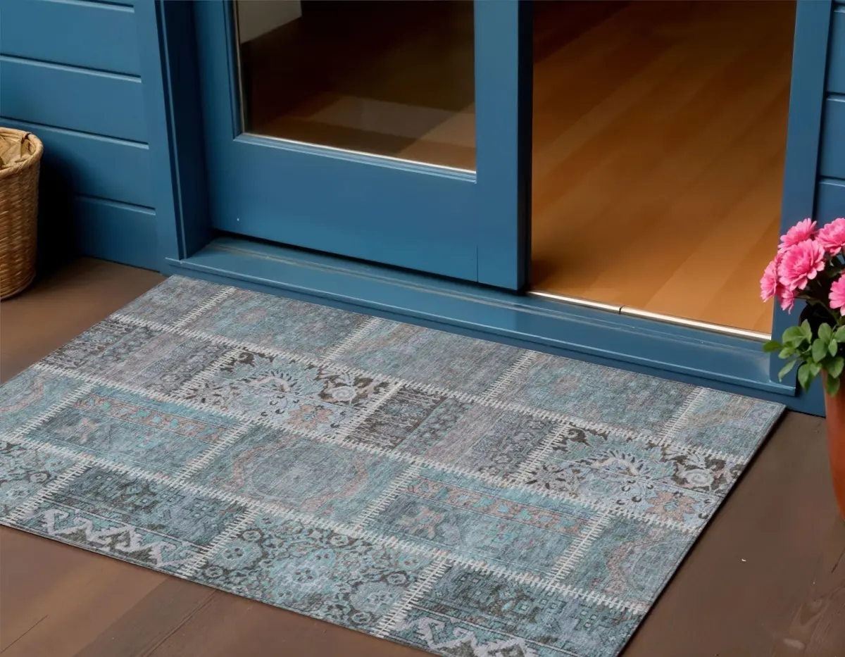 HomeRoots 579397 3 x 5 ft. Patchwork Washable Indoor & Outdoor Rectangle Area Rug, Teal Blue, Aqua & Beige