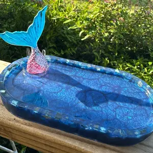 Mermaid Splash Ring/Braclet Holder Tray with Blue Tail Design and Blue Base