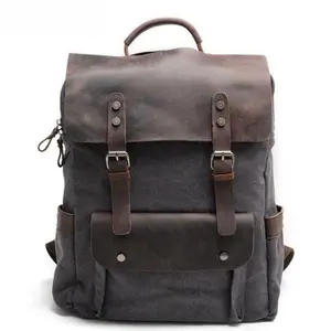 Muchuan vintage canvas backpack, unisex college style school bag, pure cotton canvas with top layer crazy horse leather
