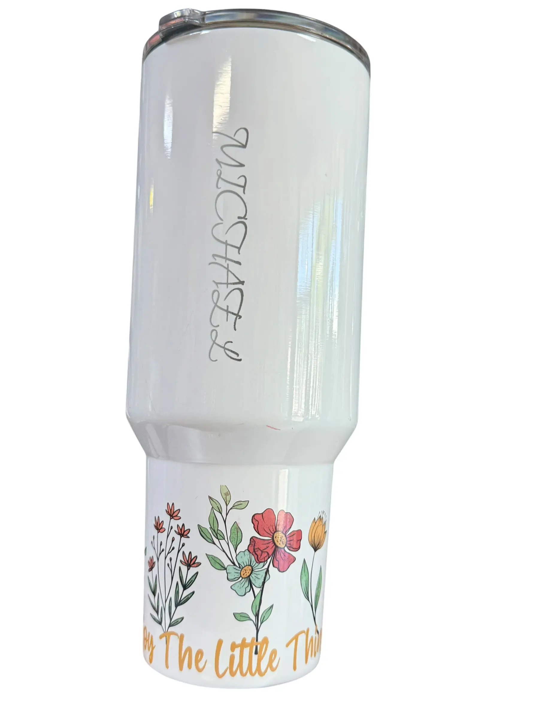 Personalized Stainless Steel Tumbler, White, 40oz, Floral Design, Engraved Name, 'Enjoy The Little Things'