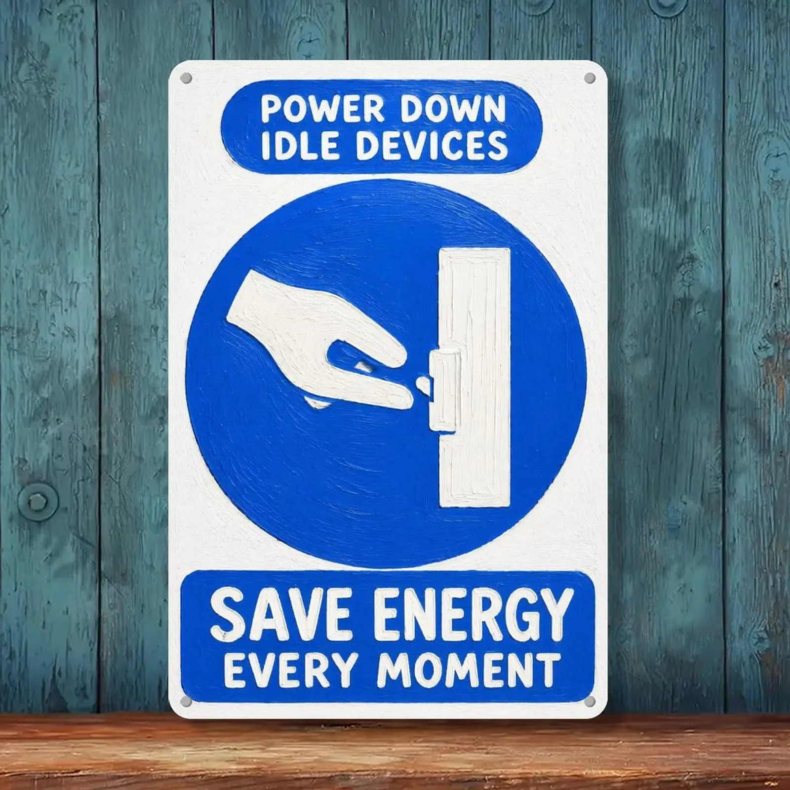 Save Energy Power Down Idle Devices Blue Energy Saving Metal Tin Sign 8x12in, Office Workplace Wall Decor
