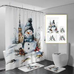 Snowman Pattern Shower Curtain Set, 1 Set Including Shower Curtain & U-shaped Mat & Toilet Lid Mat & Bath Mat, Bathroom Decoration Supplies