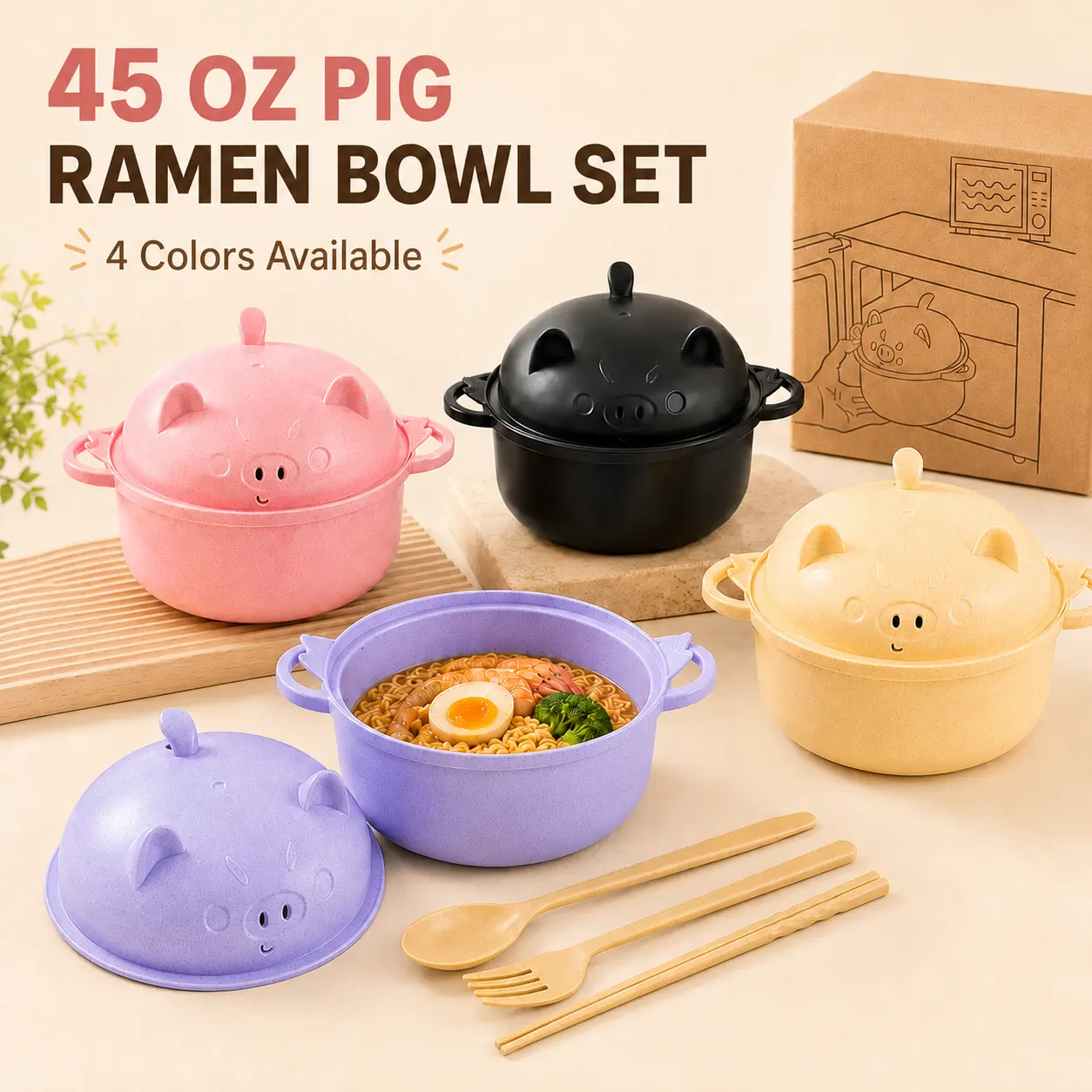 MIUVA 45oz Cute Pig Ramen Bowl Set with Lid, Strainer, Spoon, Fork & Chopsticks - Microwave-Safe Tableware for Ramen, Pasta, Dorm & Home