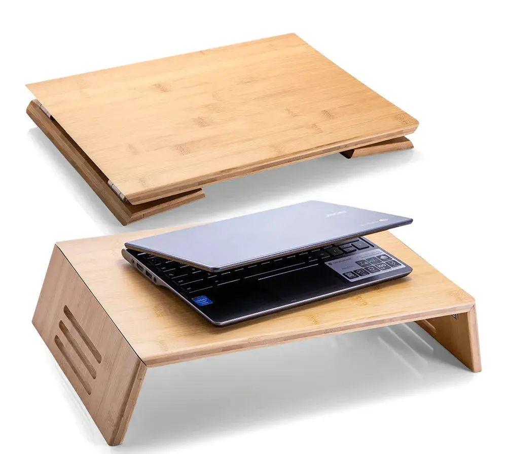 Officemate® Bamboo Ergonomic Laptop Stand & Monitor Riser with Sturdy Base, Space-Saving Office Furniture Shelf That Organizes Workspace