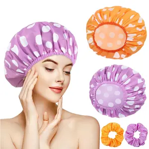 2 Packs Large Shower Caps for Women,   Shower Cap Bath Caps with Hair Scrunchies for Long Thick Hair (Purple/Orange)