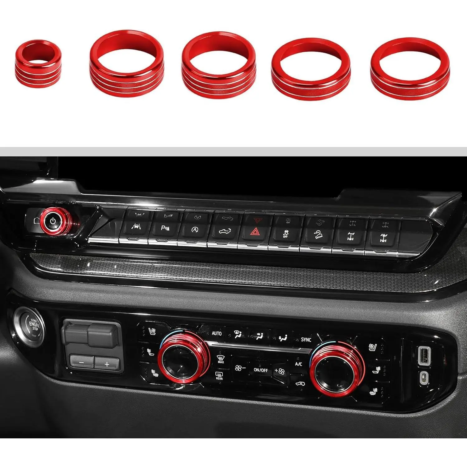 Voodonala Aluminum Alloy Red Radio AC Knob Cover Trim - Slip Over AC Controls, Air Conditioner Switch Button & Center Console Switch Trim, Scratch Guard, Prevents Abrasion for 2022-2025 Chevy Silverado GMC Sierra Accessories