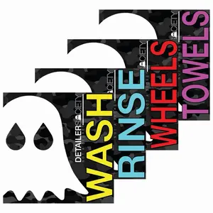 Detailer Society Ghost Bucket Labels - Wash, Rinse, Wheels and Towels Self Adhesive Stickers for Car Detailing 7x7 Inches Organizing Clarity Workflow