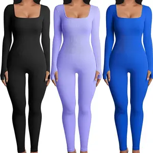 Women Square Neck Sexy Boadycon Skim Playsuit Female Autumn Winter Solid Color Long Sleeve Warm Yoga Jumpsuit