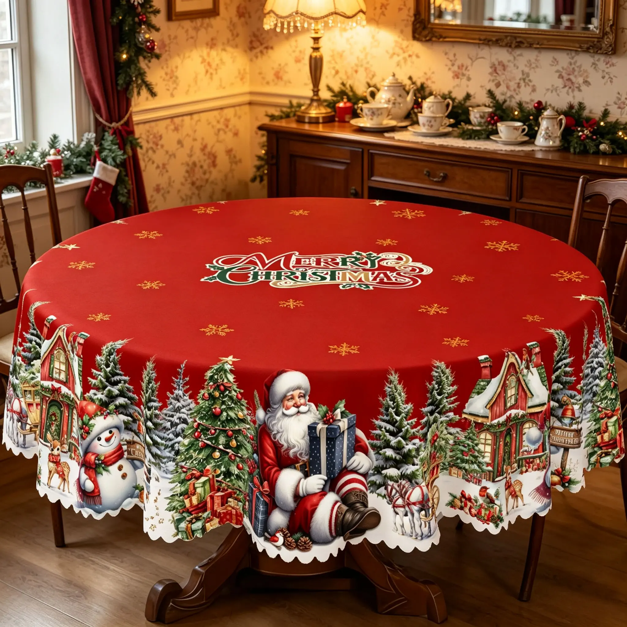 KOPOEELK Merry Christmas Tablecloth with Santa Claus, Snowman, Christmas Tree, Reindeer and Snowy Village Patterns, Red Round Rectangular Table Cover for Holiday Dining, Indoor Outdoor Christmas Party Kitchen Decor