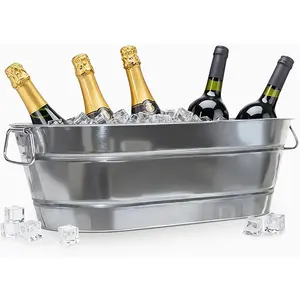 PLEXON Galvanized Tub with Handles - Beverage Tub - Metal Ice Bucket for Parties - Ice Bucket for Cocktail Bar Restaurant - Drink Beer Champagne Chiller Cooler - 5.3 Gallon (20L)