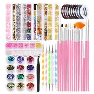 Nail Art Kit for Beginners with Nail Brushes Set and Dotting Tools, Jumbo Holographic Glitter Sequins 2-6mm Rhinestones 3D Pink&White Flowers Metal Studs Colorful Striping Tape with Tweezers