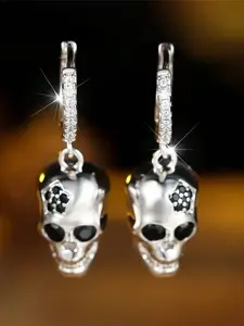 1 Pair of Black and White Synthetic Zircon Skull Hoop Earrings for Fashionable Ladies, Vintage and Unique Statement Earrings, Silver, Wedding and Halloween Jewelry