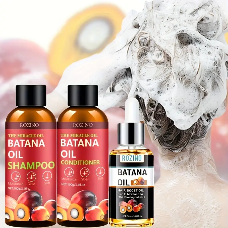 ROZINO 3 in 1 Hair Care Set with Batana Oil Shampoo Conditioner & Hair Boost Oil for Moisture Gloss Softness Enhancing Shine and Hydration