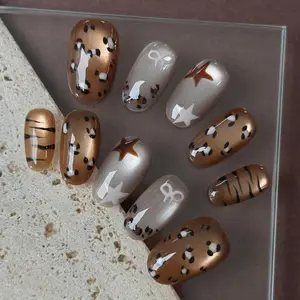 10pcs Handmade Press On Nails Acrylic Salon Quality Nails - Short Oval Bronze & Gray Nails, Handcrafted Animal Print & Pattern Decor Playful Trendy Style, for Daily Wear & Party with Jelly Glue & Nail File