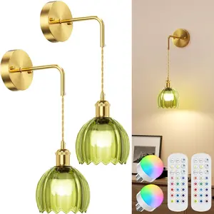 Vintage Battery Operated Wall Sconce with Cute Green Tulip Glass Lampshade Wireless Rechargeable Battery Powered Wall Light with Remote Control for Bedside Bedroom Doorway, Set of 2