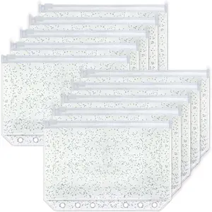10pcs A6 6-Holes Clear Glitter Binder Pockets Plastic Zipper Cash Stuffing Envelopes Pouch PVC Sheet Protectors for Money Budget Binders Planner Inserts Notebook