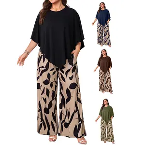 AUCICCOO Plus Size 2 Piece Lounge Set for Women Cape Style Loose Top Wide Leg Pants Soft Casual Outfit for Travel Daily Wear